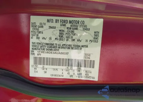 2010 Ford Explorer Xlt из США, поврежденный, VIN 1FMEU6DE3AUA58337